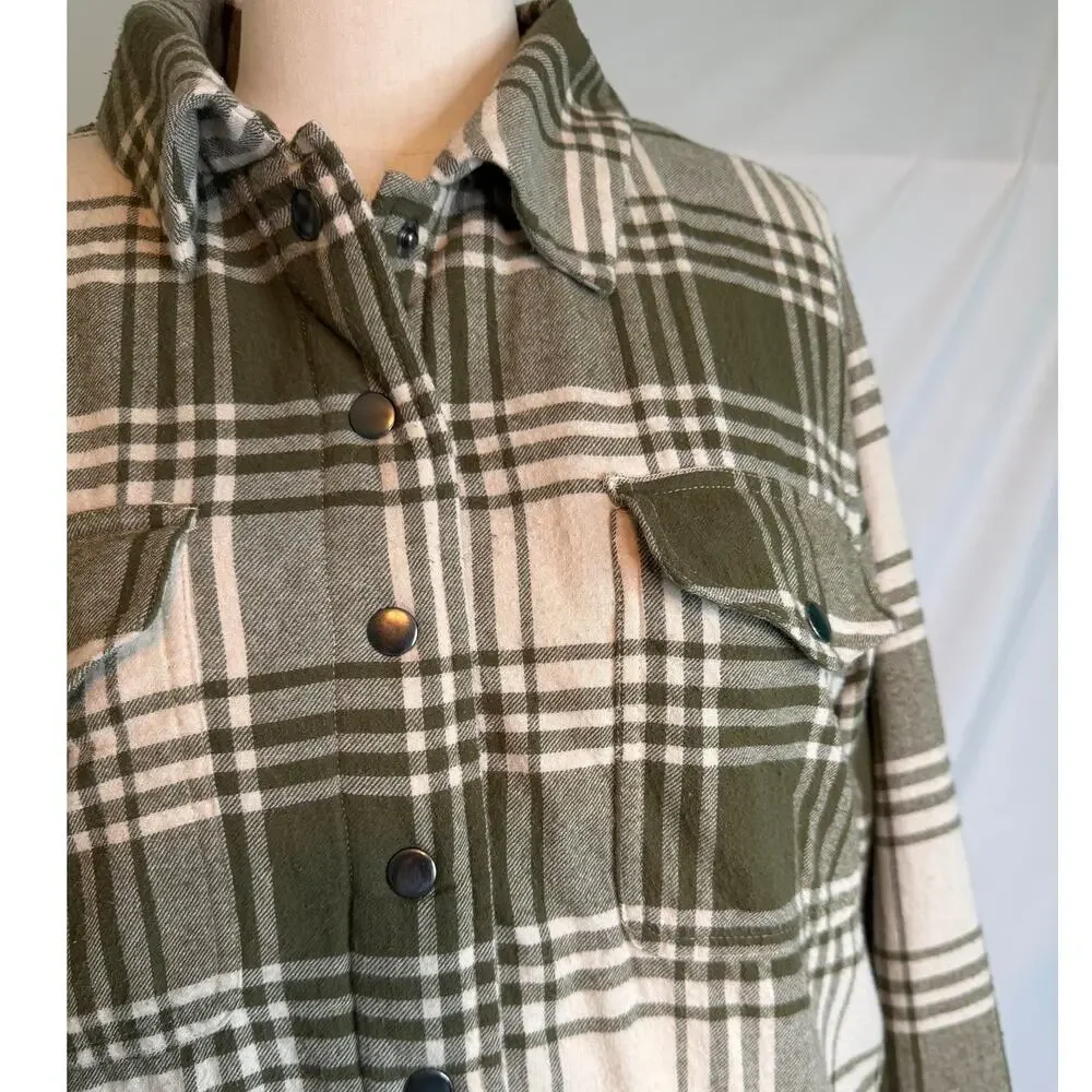 Lucky Brand Olive Green/Cream Plaid Sherpa Lined Shacket Jacket Size Large